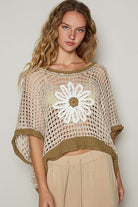 POL Beige & Olive Hollow Out Flower Half Sleeve Knit Cover Up BEIGE OLIVE