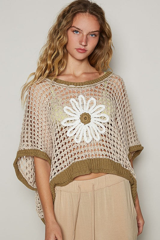 POL Beige & Olive Hollow Out Flower Half Sleeve Knit Cover Up BEIGE OLIVE