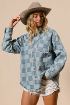 BiBi Frayed Edged Detail Washed Checker Denim Shirt DENIM