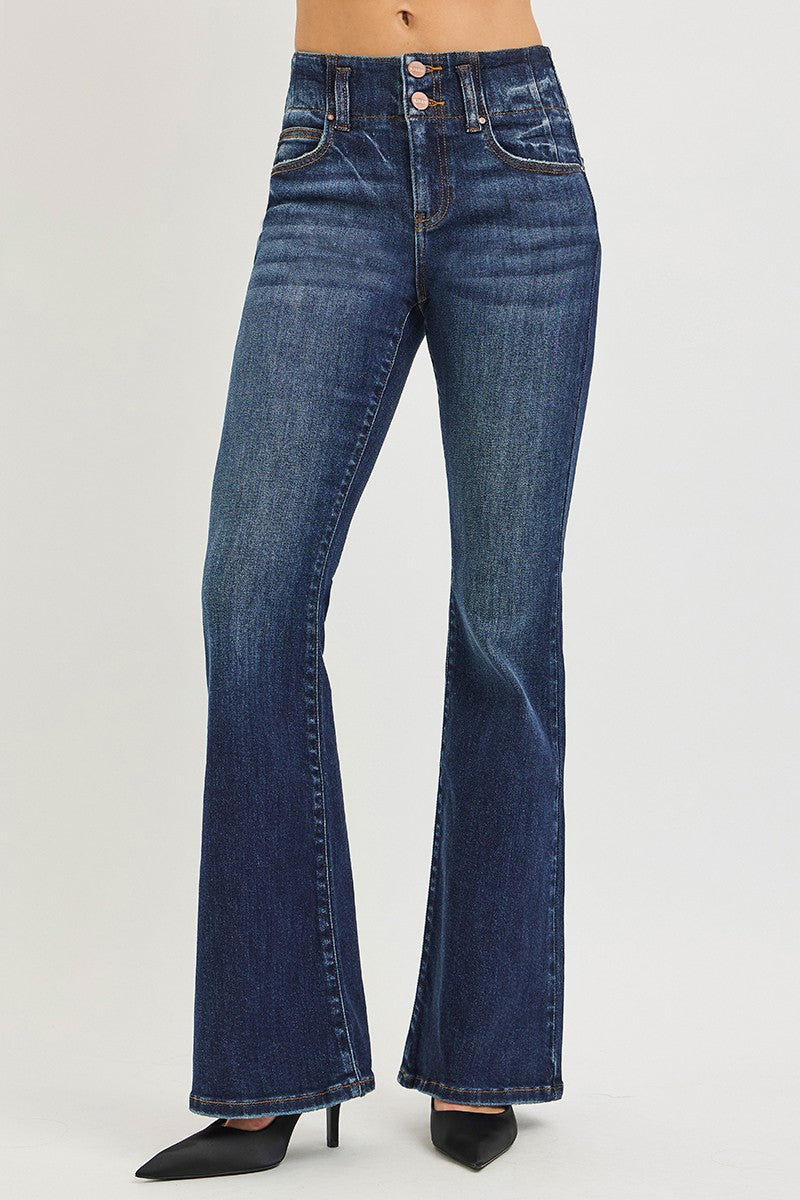 RISEN Dark Washed High Rise Flare Jeans With Seam Detail Waistband DARK