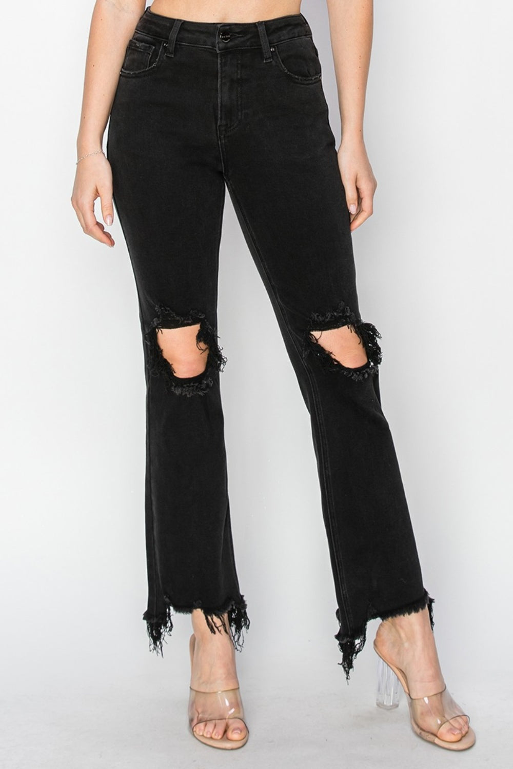 RISEN Black Distressed Raw Hem Jeans with Pockets Trendsi