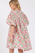 SAGE + FIG Pink Floral Half Button Notched Puff Sleeve Dress