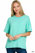 Zenana Mint Raised Rib Exposed Seam Short Sleeve Top