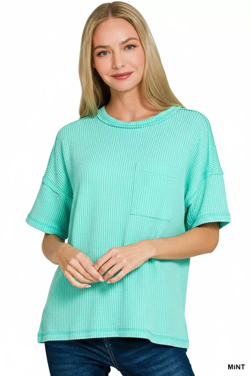 Zenana Mint Raised Rib Exposed Seam Short Sleeve Top
