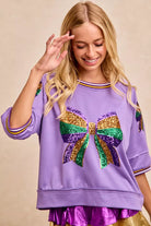 BiBi Lavender Mardi Gras Theme Ribbon Sequin Patched Top