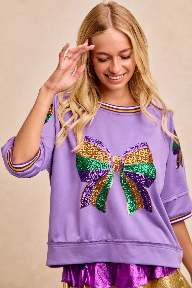 BiBi Lavender Mardi Gras Theme Ribbon Sequin Patched Top