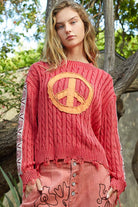 POL Cherry Washed Peace Patch Cable Knit Sweater Trendsi