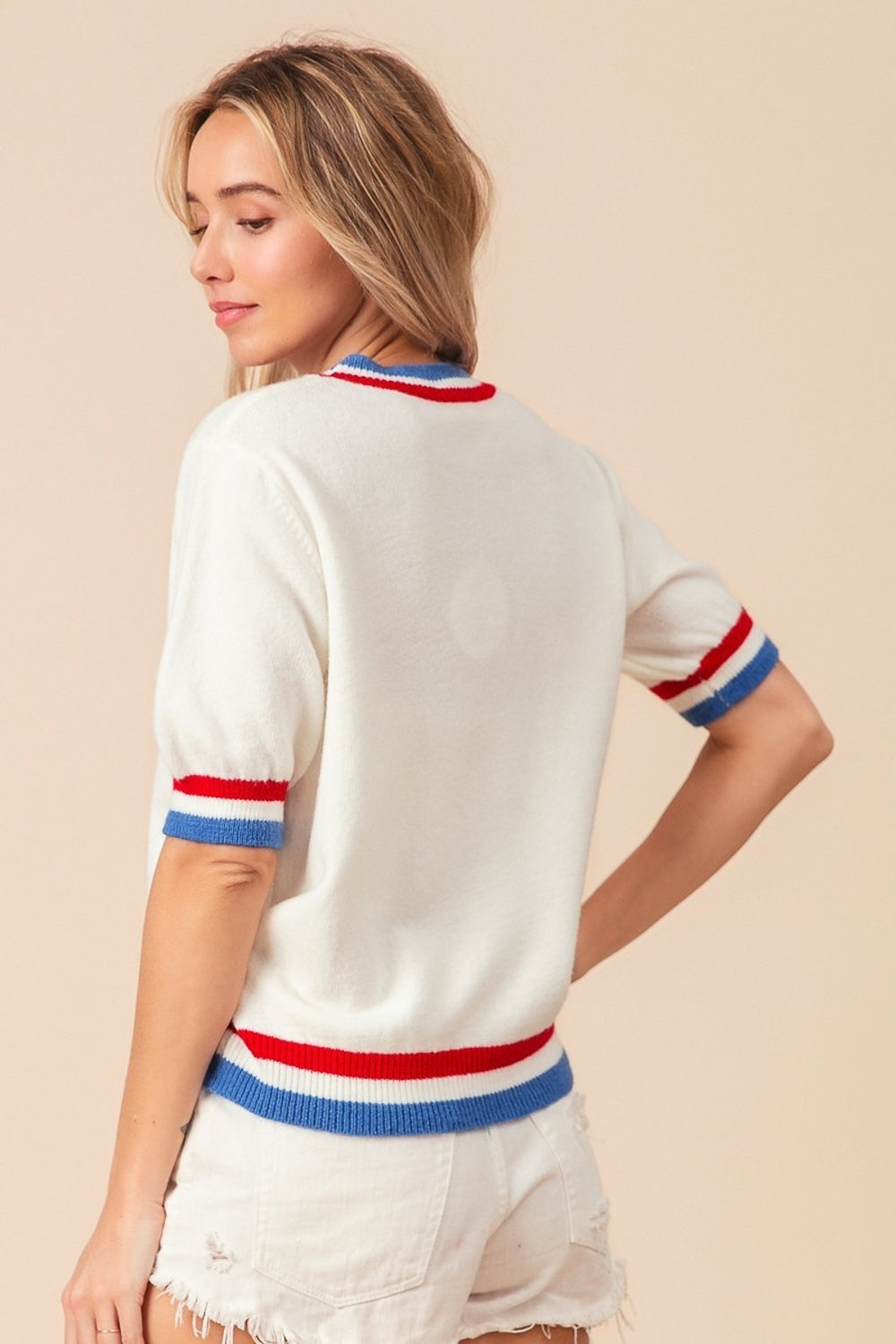 BiBi US Flag Theme Striped Heart Sweater Trendsi