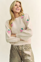 Davi & Dani Crochet Strawberry Round Neck Sweater in Beige Shirts & Tops