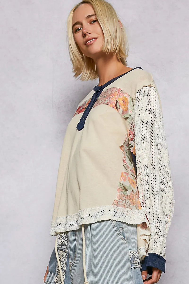 POL Button Detail Floral Patchwork Crochet Sleeve Long Sleeve Blouse