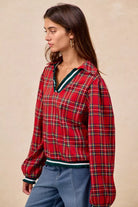 BiBi Christmas Red Plaid Collared Top with Ruffled Detail