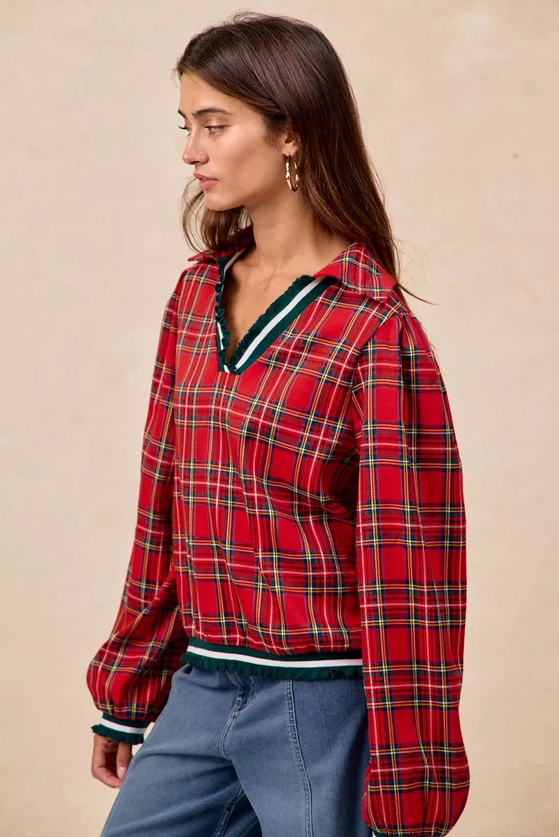BiBi Christmas Red Plaid Collared Top with Ruffled Detail