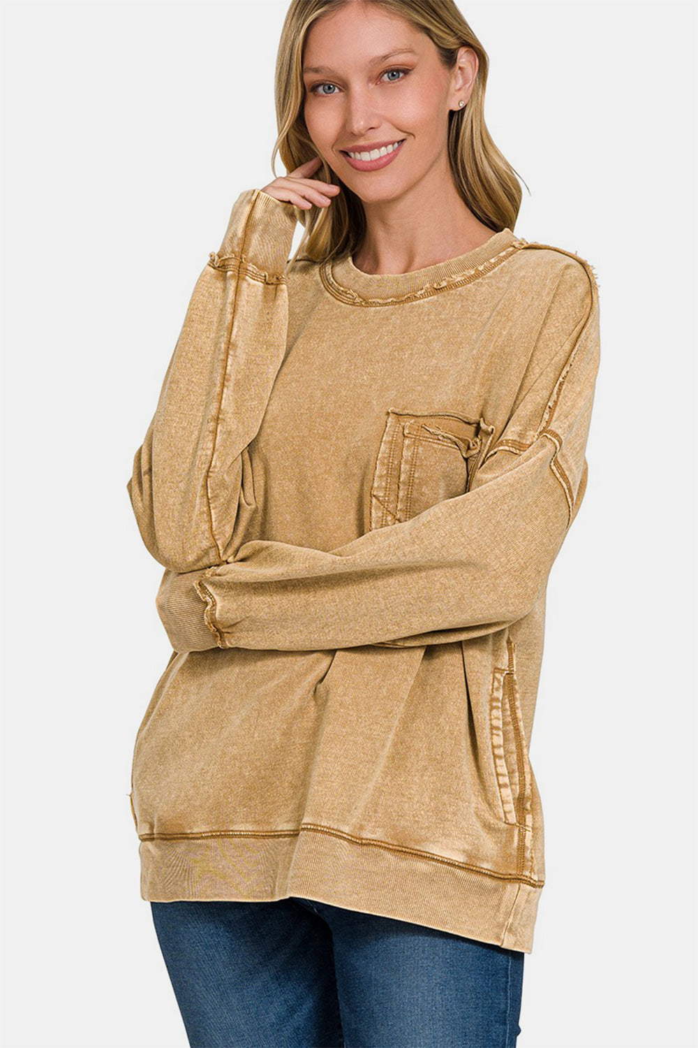 Zenana Camel Acid Washed French Terry Exposed Seam Dropped Shoulder Sweatshirt Camel Shirts & Tops