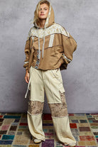 POL Cocoa Drawstring French Terry Hoodie with Gauze Print Patch