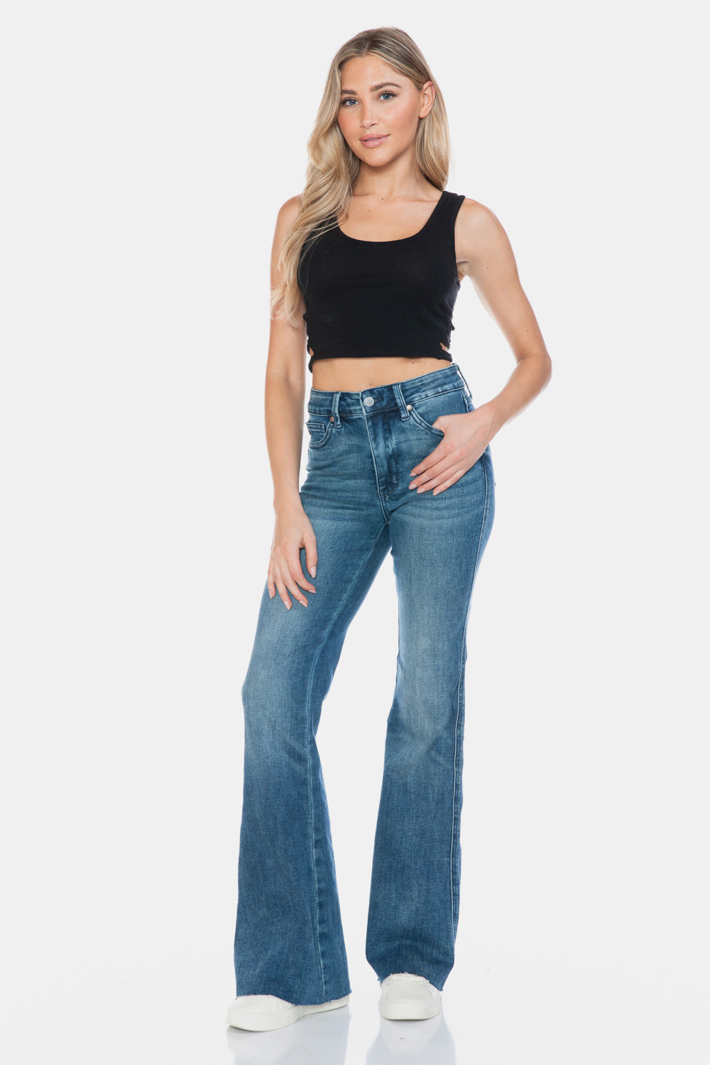 Judy Blue Medium Washed Tummy Control Cut Hem Flare Jeans Trendsi