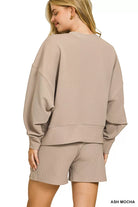 Zenana Ash Mocha Ribbed Round Neck Pullover and Shorts Set