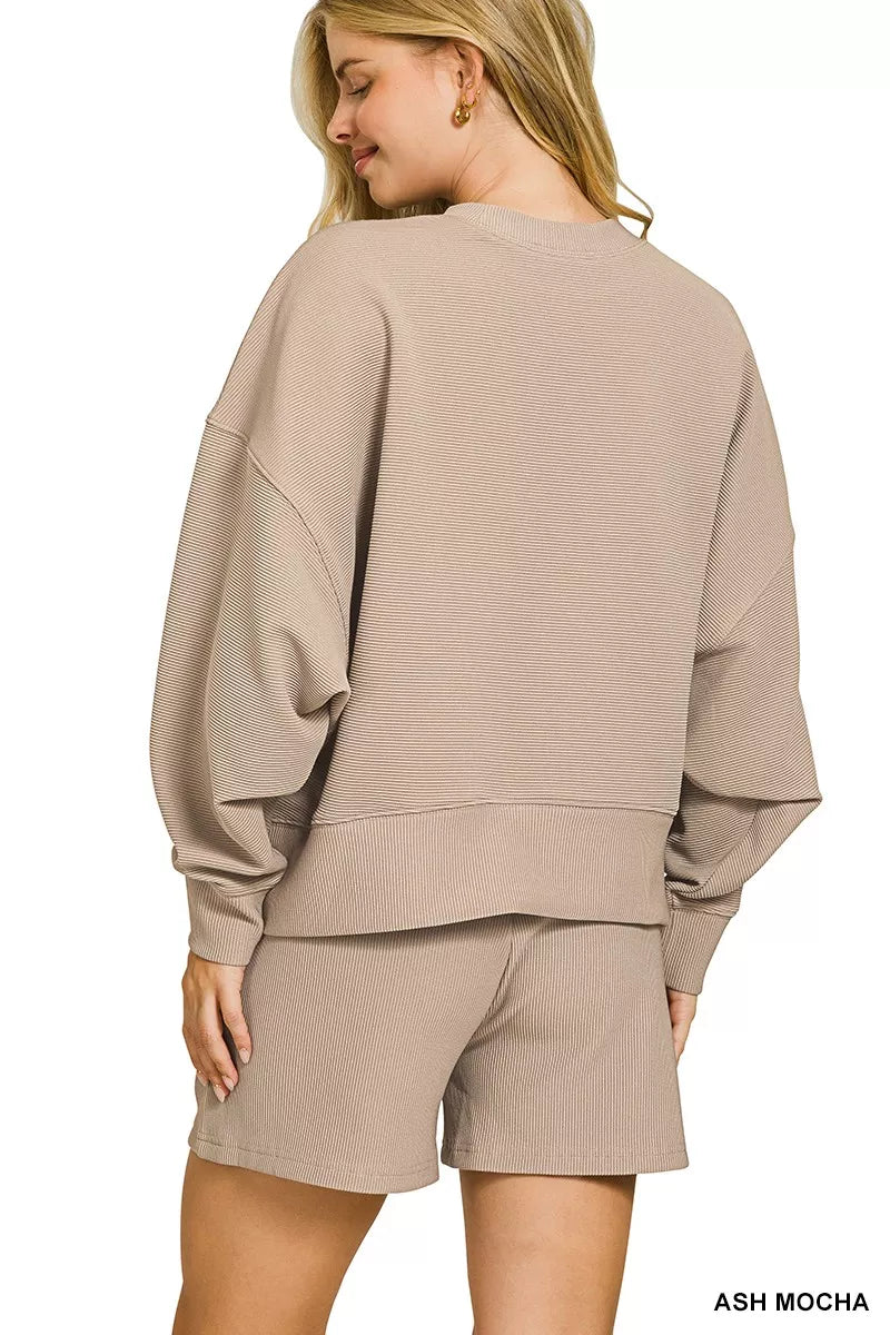 Zenana Ash Mocha Ribbed Round Neck Pullover and Shorts Set