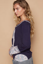 POL 89 V-Neck Long Sleeve Floral Number Patch T-Shirt Trendsi