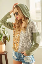 BiBi Dusty Sage & Mustard Popcorn Waffle Knit Hoodie with Print Block Front