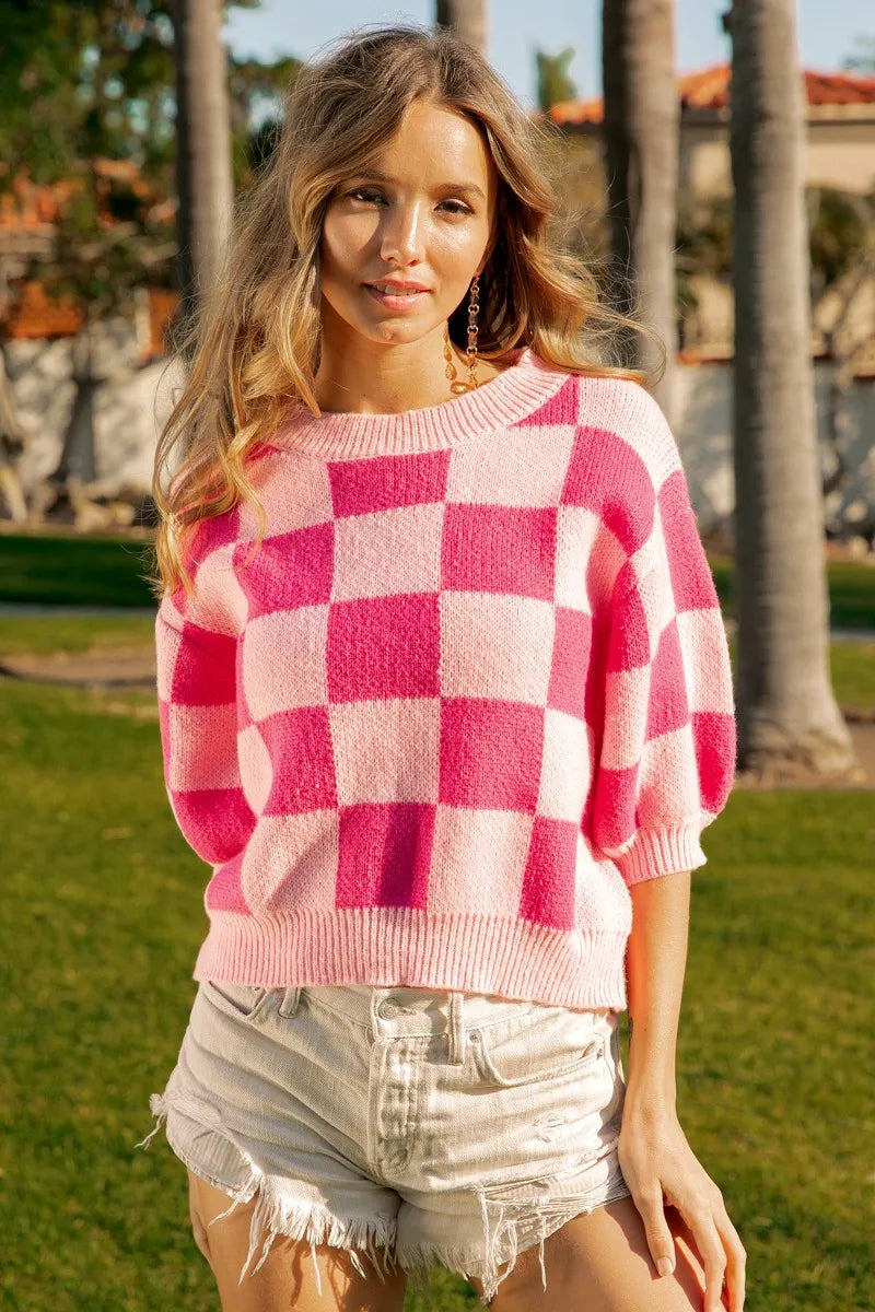 BiBi Pink & Fuchsia Check Pattern Short Puff Sleeve Sweater Top