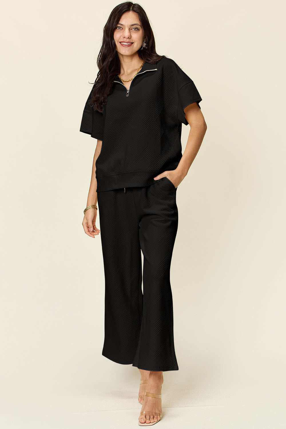 Double Take Quilted Textured Half Zip Short Sleeve Top and Pants Set Black Trendsi