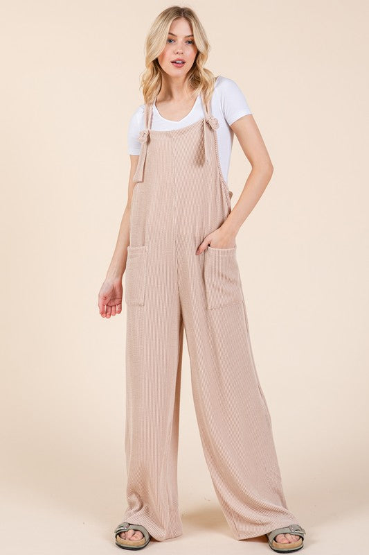 BOMBOM Knot Straps Wide Leg Ribbed Overalls with Pockets in Dust Storm Dust Storm Jumpsuits & Rompers