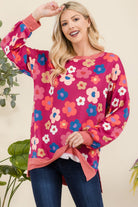 Celeste Fuchsia Floral Side Slit Flower Print Long Sleeve Top Fuchsia Floral Shirts & Tops