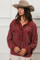 BiBi Marsala French Terry Cut Edge Detail Collared Long Sleeve Top