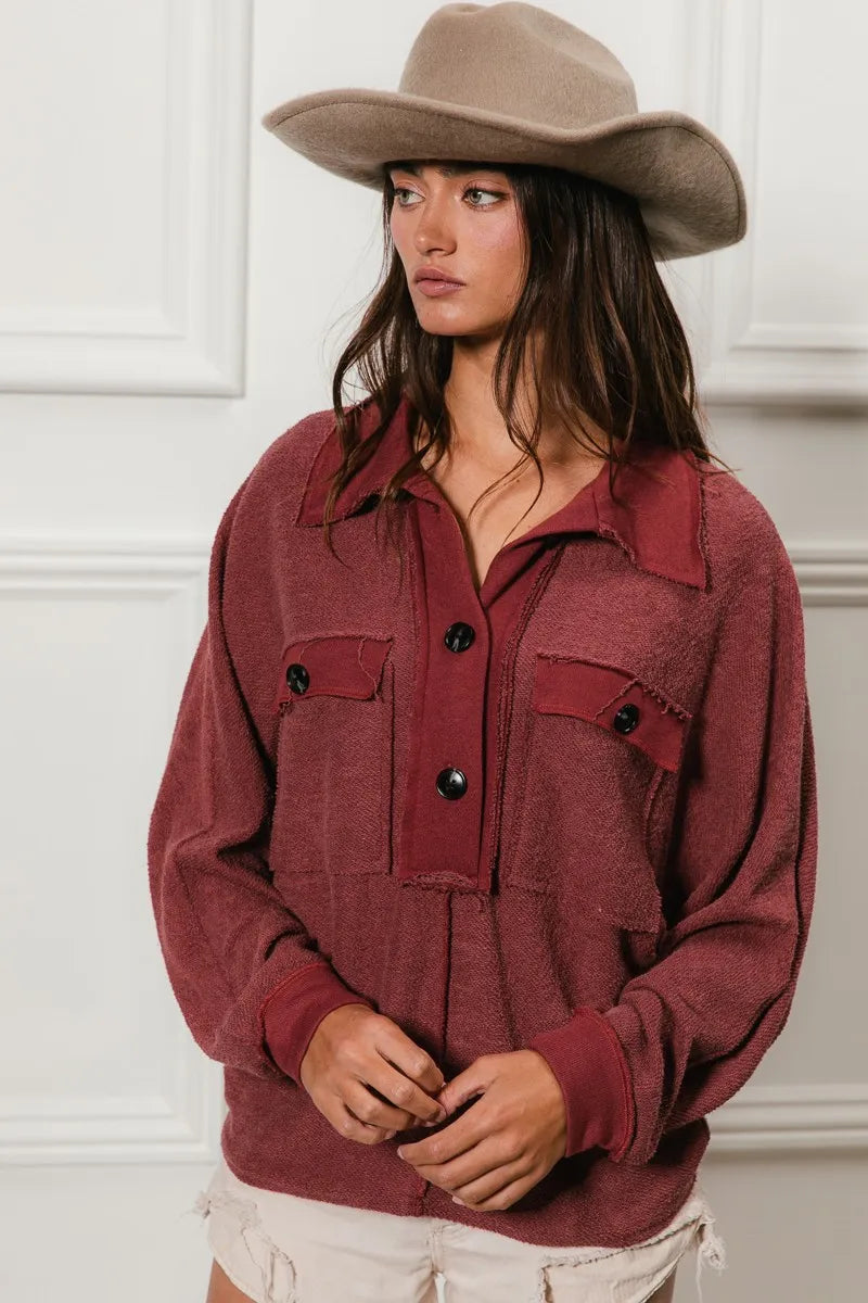 BiBi Marsala French Terry Cut Edge Detail Collared Long Sleeve Top