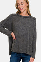 Zenana Black Exposed Seam Brushed Round Neck Sweater Black Shirts & Tops