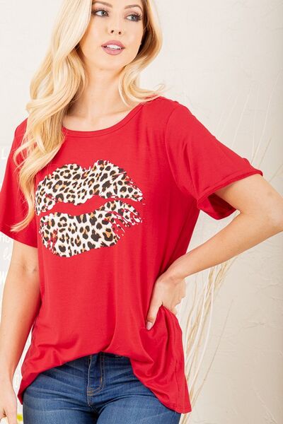 Heimish Red Leopard Lip Round Neck Short Sleeve T-Shirt Red