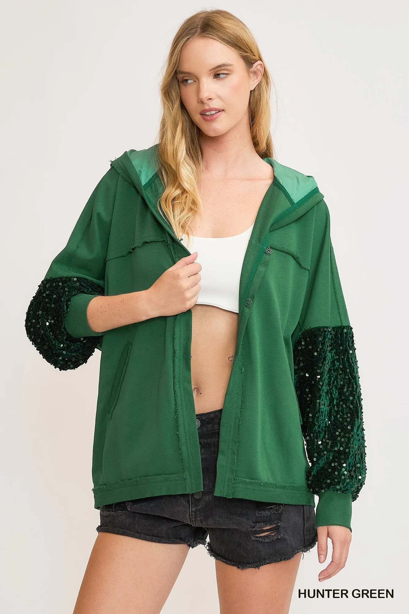Umgee Hunter Green Sequined French Terry Hooded Jacket HUNTER GREEN