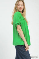 Umgee Green Flash Linen V-Neck Flutter Sleeve Top