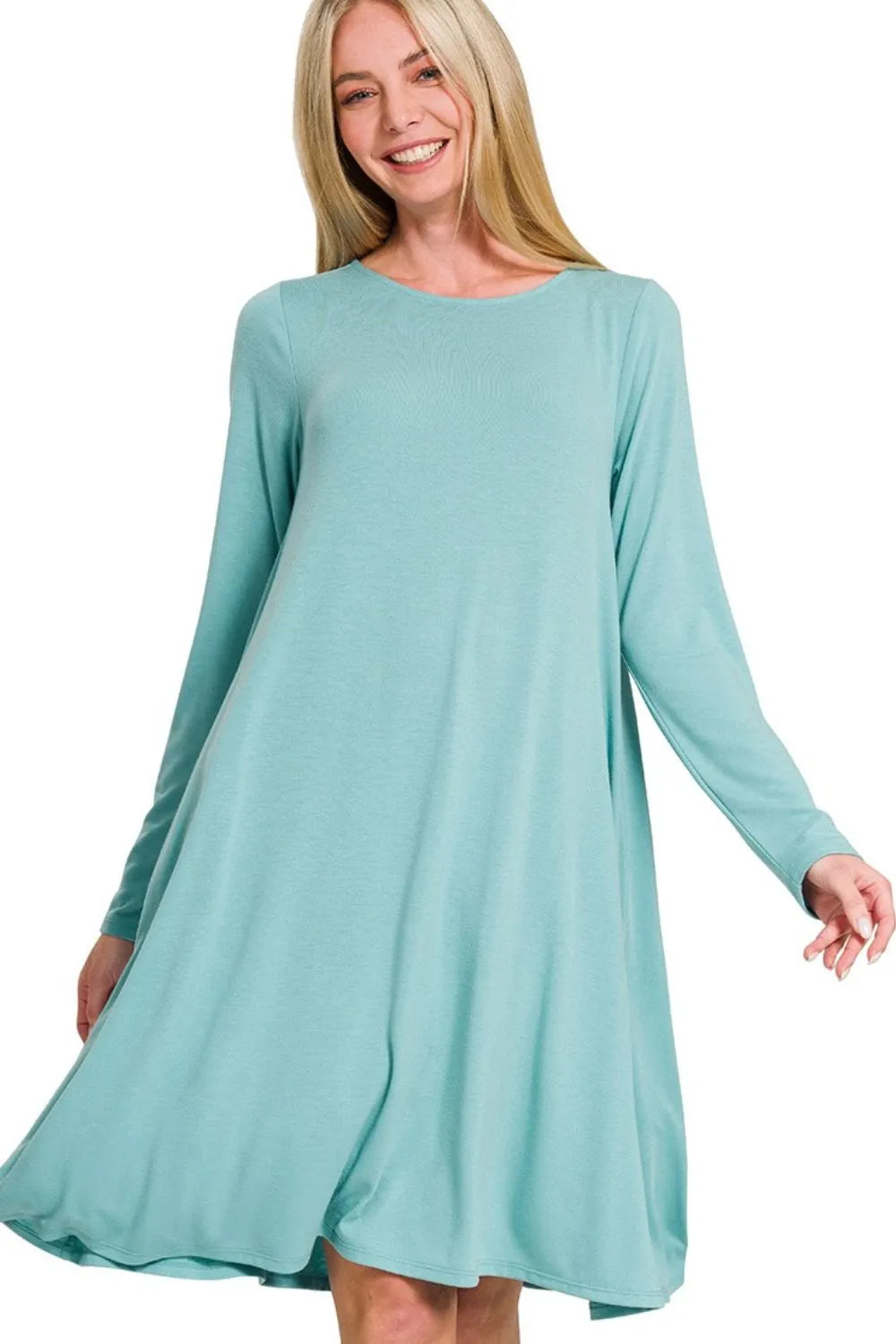 Zenana Deep Teal Long Sleeve Flare Dress With Pockets DUSTY TEAL