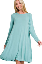 Zenana Deep Teal Long Sleeve Flare Dress With Pockets DUSTY TEAL