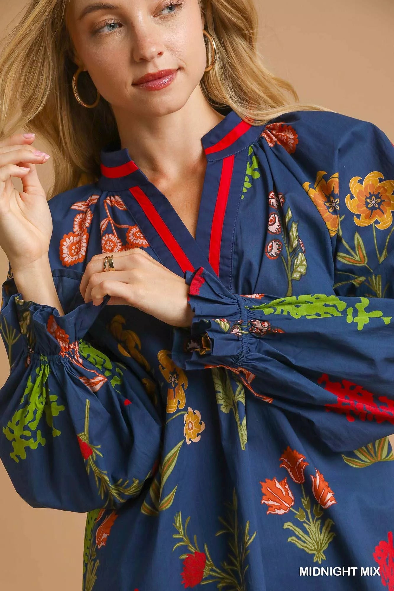 Umgee Midnight Mix Floral Print Flounce Sleeve Blouse