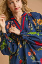Umgee Midnight Mix Floral Print Flounce Sleeve Blouse