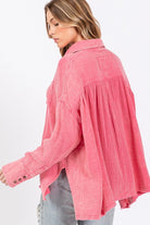 SAGE + FIG Cardiff Pink Oversized Frayed Hem Side Slit Button Down Shirt