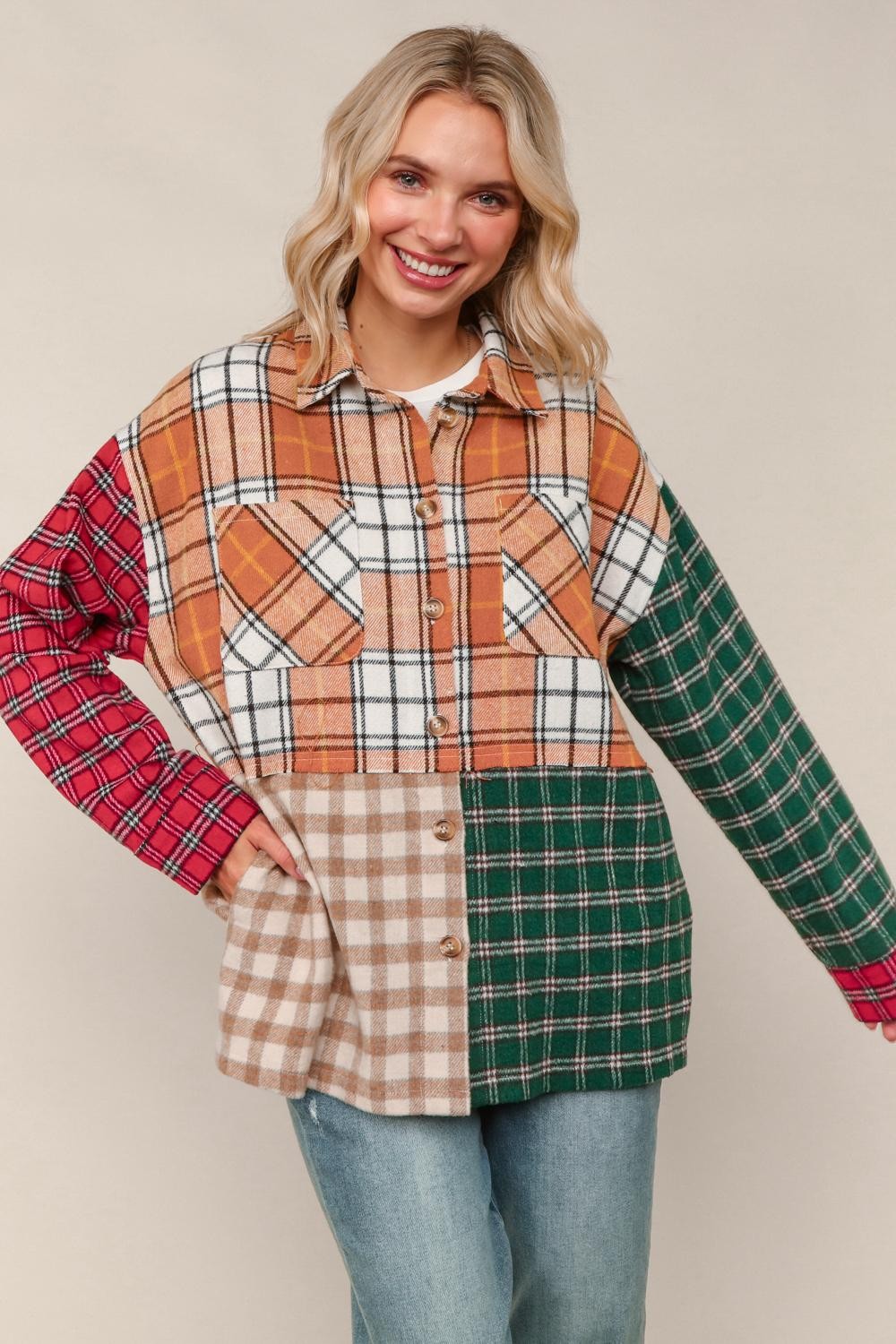 Haptics Loose Fit Multi Color Plaid Flannel Jacket with Pocket