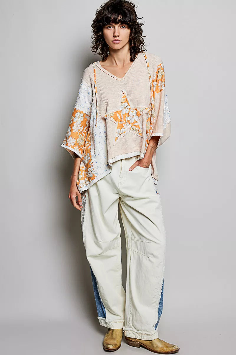 POL Wheat Beige Floral Star Patch Hooded Blouse with Lace Contrast Detail