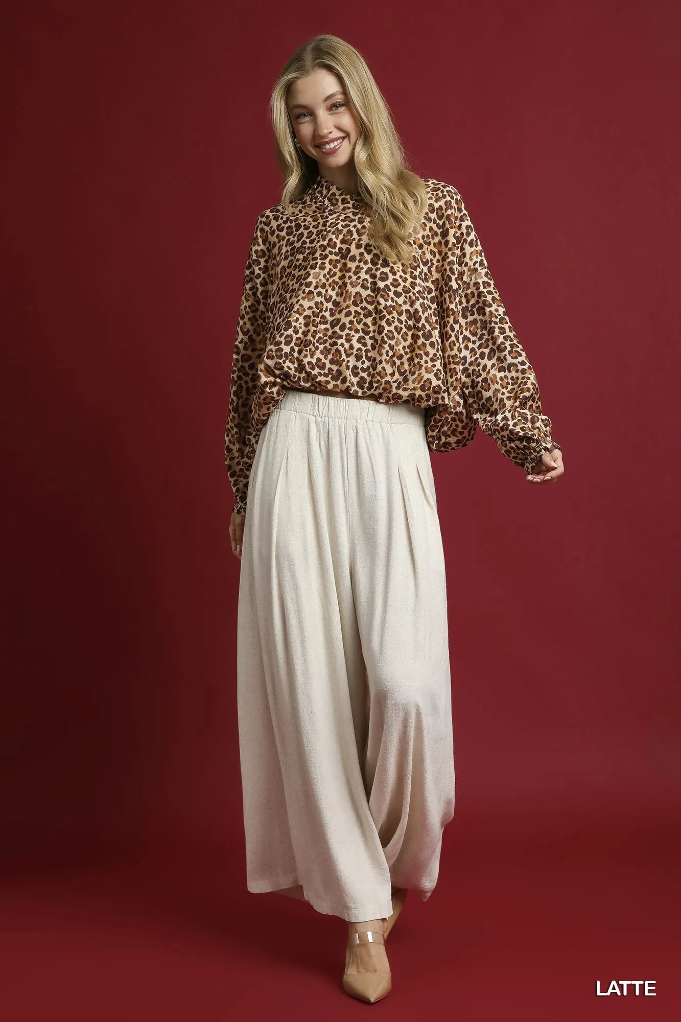 Umgee Latte Leopard Print Balloon Sleeve Blouse
