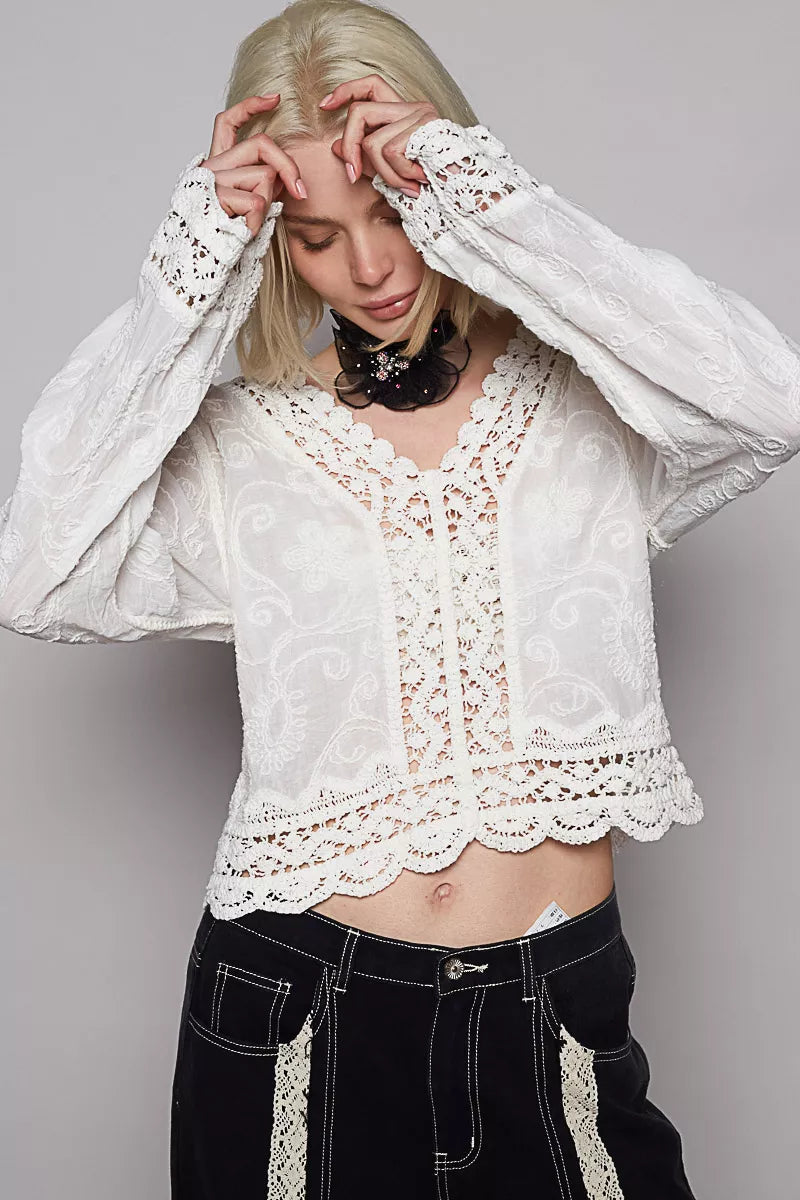 POL Long Sleeve Cropped Crochet Top with Floral Embroidery Detail