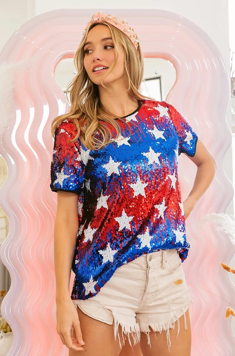 BiBi Red & Navy American Theme Star Pattern Sequin Top