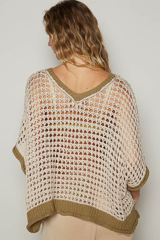 POL Beige & Olive Hollow Out Flower Half Sleeve Knit Cover Up