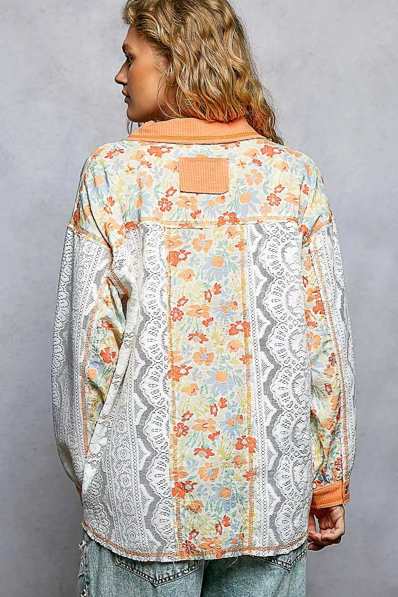 POL Coral Orange Floral Print Long Sleeve Lace Shirt with Front Pocket