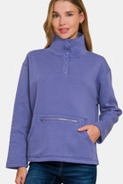 Zenana Blue Purple Turtleneck Half Snap Fleece Sweatshirt Blue Purple Shirts & Tops