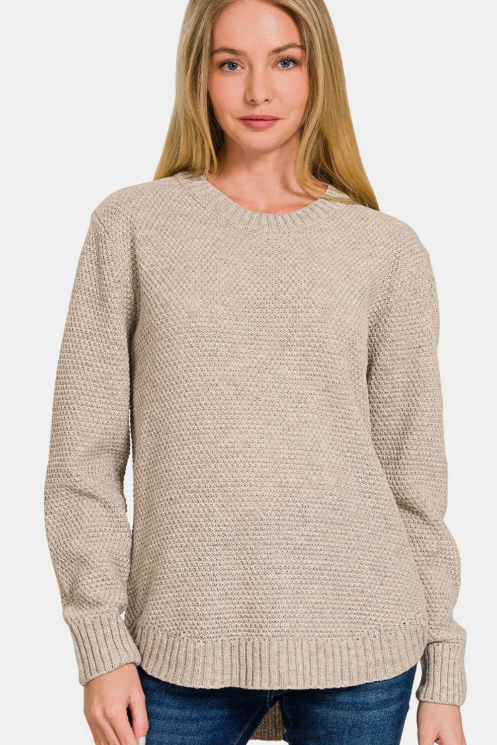 Zenana Heather Beige Round Neck Long Sleeve Curved Hem Sweater Trendsi