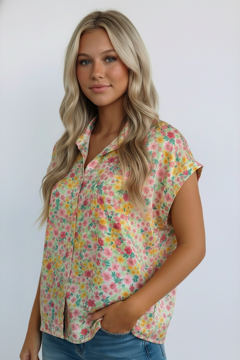 Emily Wonder Sunny Garden Button Down Blouse Large