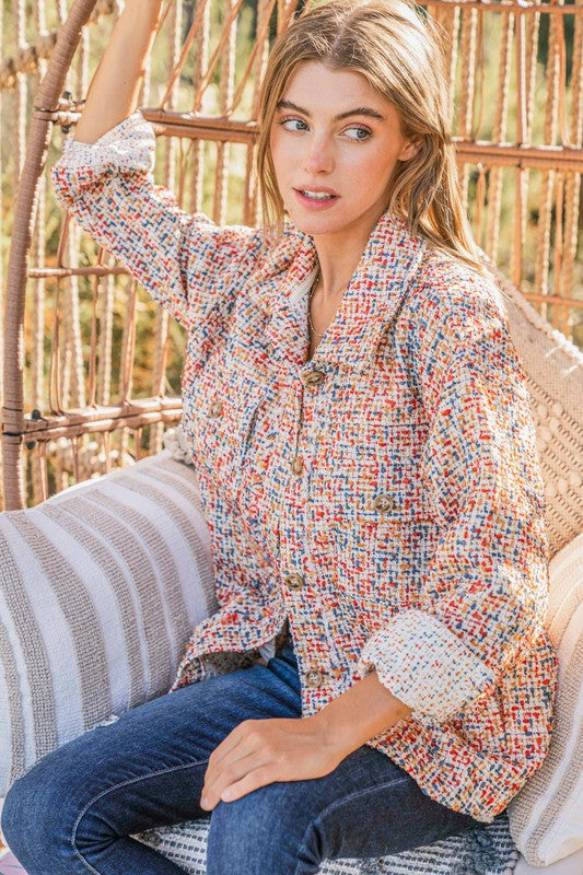 And The Why Multicolor Twill Long Sleeve Button-Down Shacket