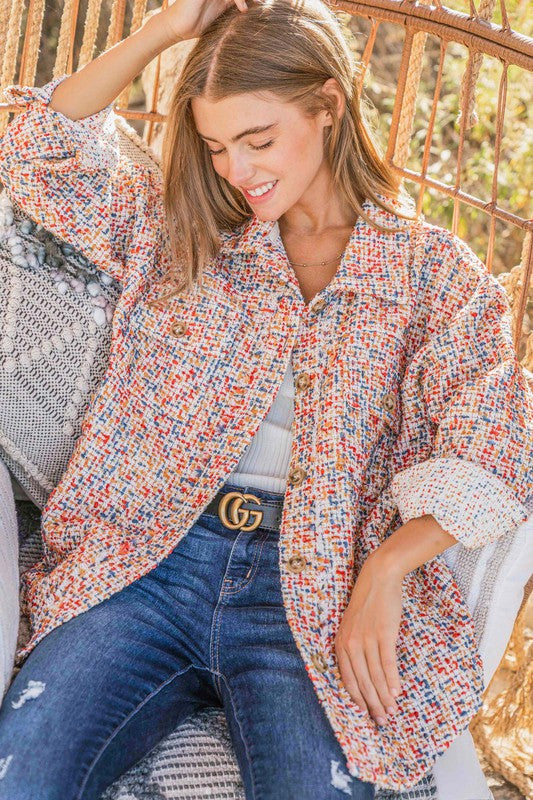 And The Why Multicolor Twill Long Sleeve Button-Down Shacket